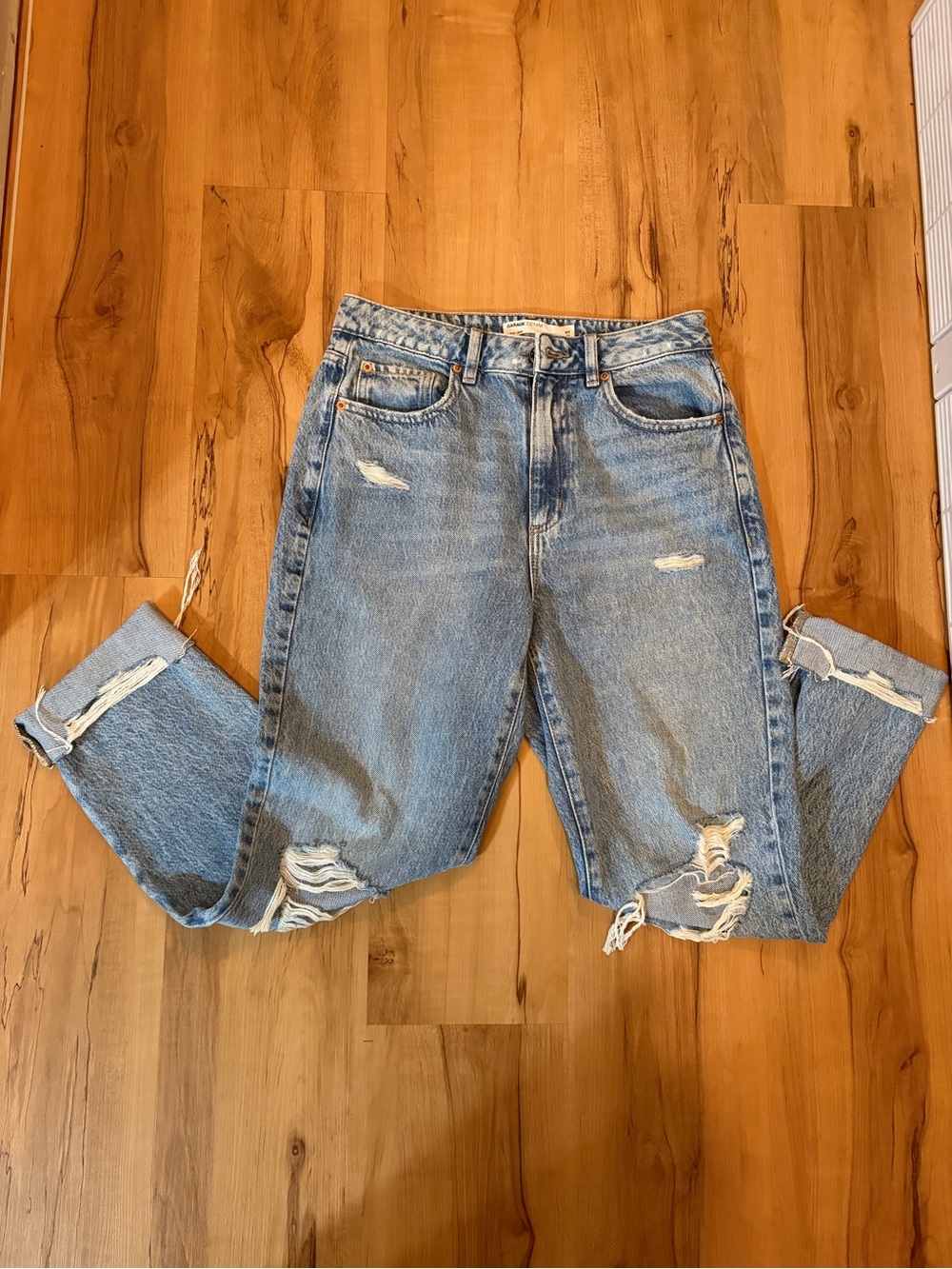 Garage Light Blue Distressed Mom Jeans
